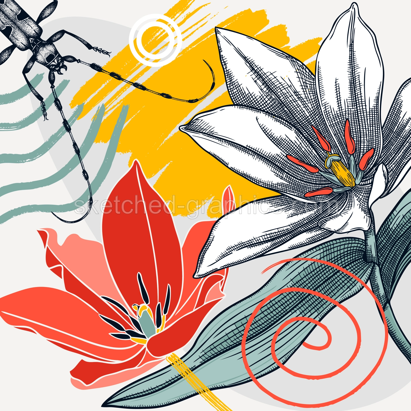Collage style tulips vector illustration. Hand-sketched spring flower and beetle. Trendy design with floral, geometric shapes, abstract elements. Perfect for print, poster, card, wall art, cards Illustration